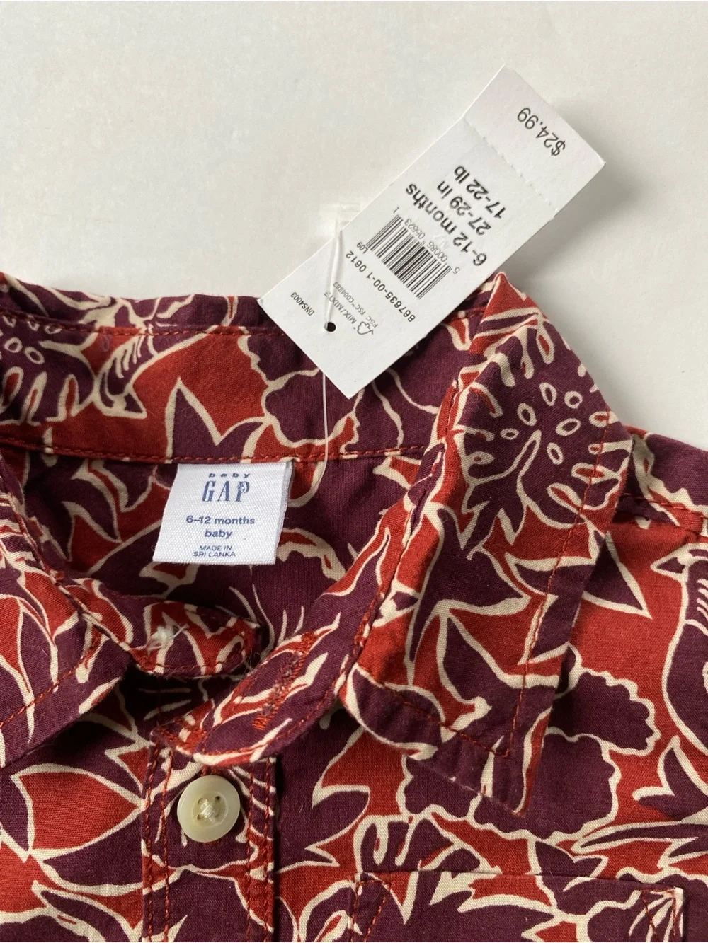GAP Hawaiian Shirt Size 6 12 Months NWT One Piece Snap Top New Floral Red Orange